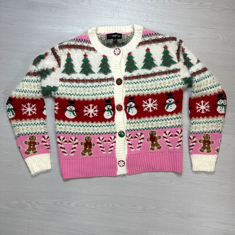 33 Degrees Womens Small Christmas Sweater Cardigan Pink Festive Gingerbread